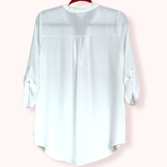 DECREE WHITE SHEER FLOWY TUNIC BLOUSE ROLL SLEEVE BUTTON CUFF TOP - Picture 2 of 2